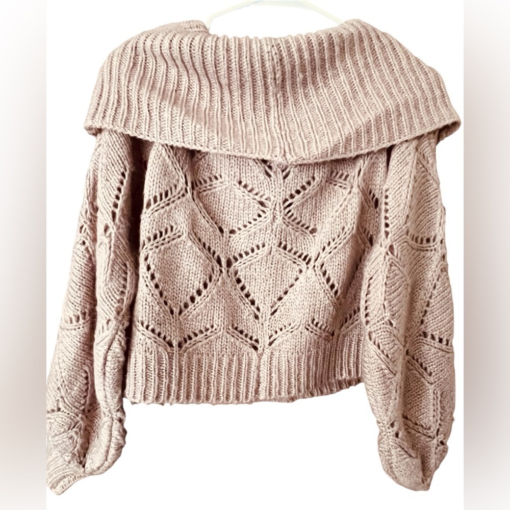 FAVLUX Tan Cowl Neck Cropped Sweater with Diamond Knit - Picture 3 of 8